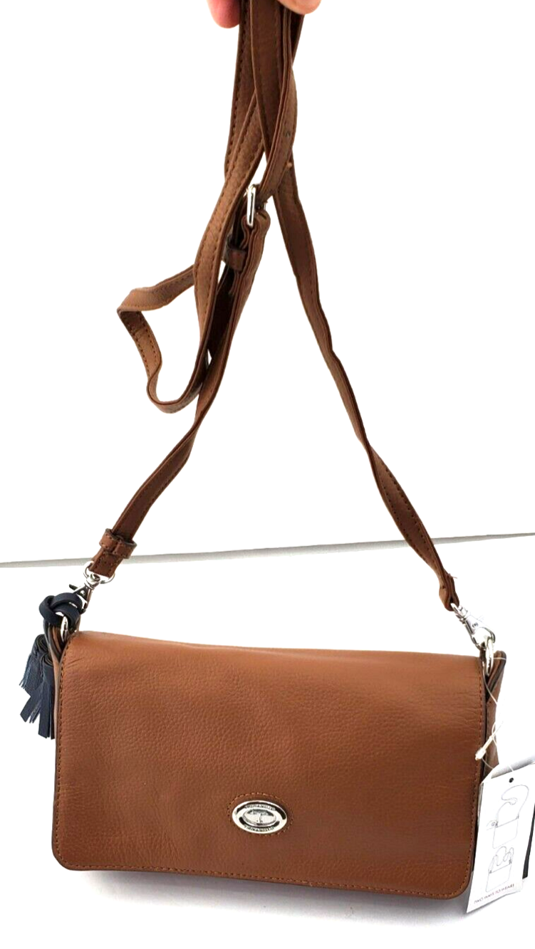 Tignanello Cognac Brown Leather Shoulder/Crossbody Blue Tassels Flap Bag E/W